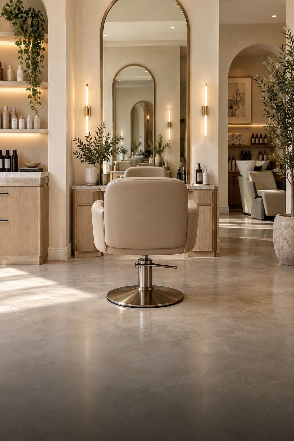 Salón de belleza moderno con sillón de estilismo, espejo y plantas