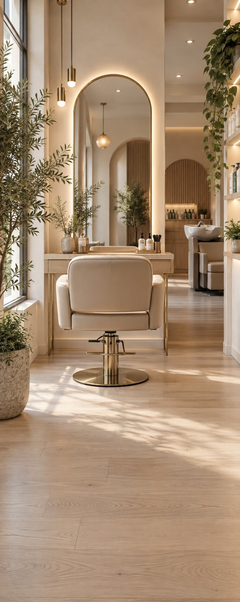 Salón de belleza moderno con sillón de estilismo, espejo y plantas